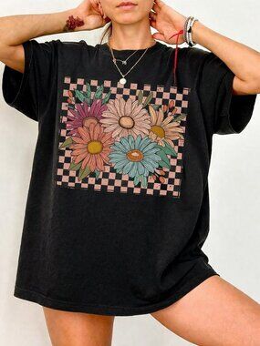 Vintage Floral Checkered Shirt, Retro Boho Wildflower Tee